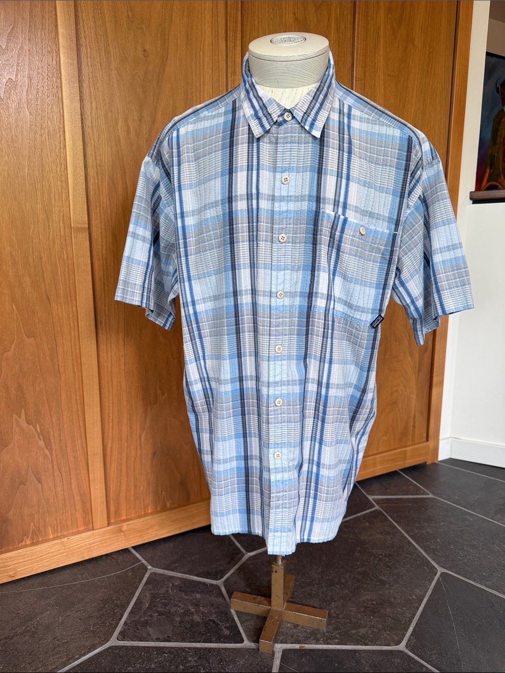 Patagonia Light Blue and Gray Plaid Short-Sleeve Button-Down Shirt